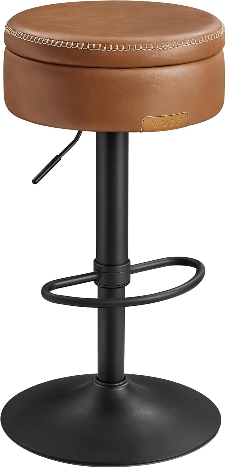 VASAGLE EKHO Collection - 360° Swivel Bar Stool, Height Adjustable Barstool with Storage, Synthetic Leather with Stitching, Mid-Century Modern, Kitchen Bar, Easy Assembly, Caramel Brown