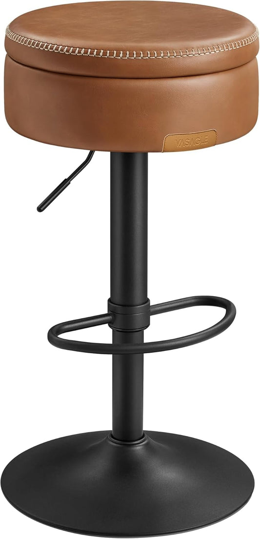 VASAGLE EKHO Collection - 360° Swivel Bar Stool, Height Adjustable Barstool with Storage, Synthetic Leather with Stitching, Mid-Century Modern, Kitchen Bar, Easy Assembly, Caramel Brown