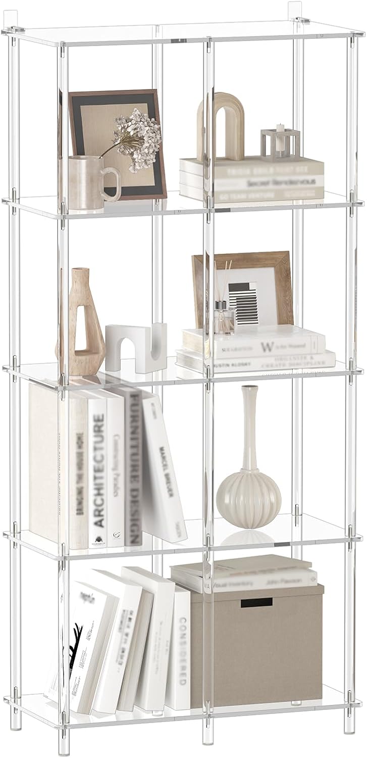5-Tier Acrylic Bookshelf with 8 Cube Storage, Clear Bookcase for Home Office, Mordern, Multifunctional Open Book Shelves for Living Room, Bedroom, 50.8" H, Easy Assembly
