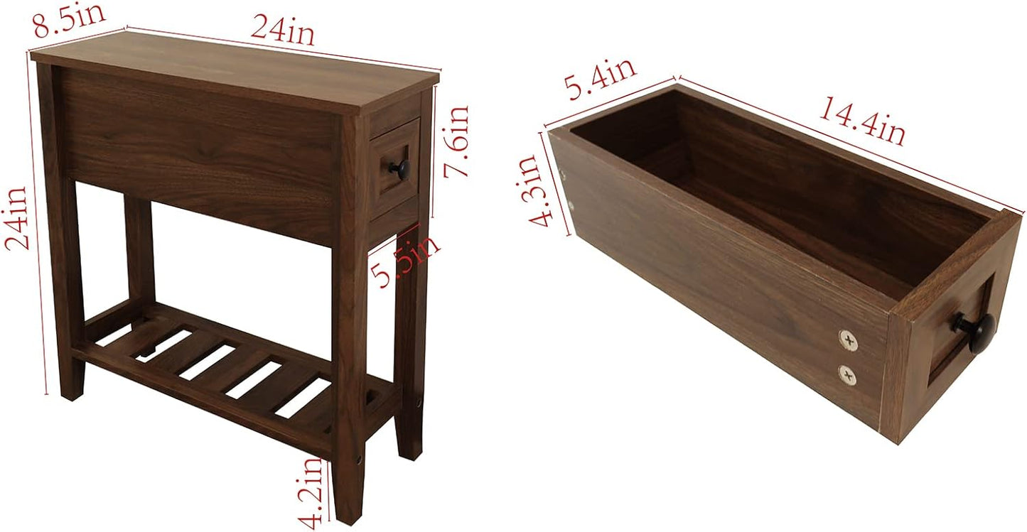 2 Pack Chairside Narrow End Table with Drawer, Solid Recliner Side Table with Storage Shelf, Slim Nightstand Bedside Table for Bedroom