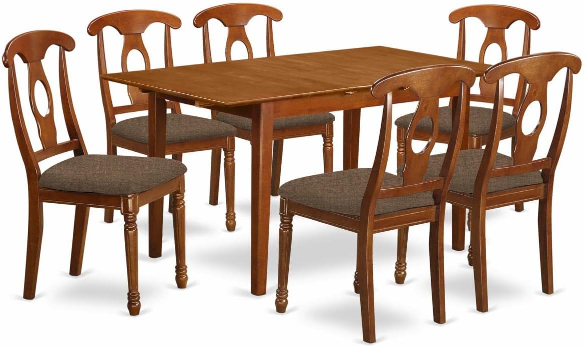 East West Furniture PSNA7-SBR-C 7 Piece Dinette Set Consist of a Rectangle Dining Room Table with Butterfly Leaf and 6 Linen Fabric Upholstered Dining Chairs, 32x60 Inch, Saddle Brown