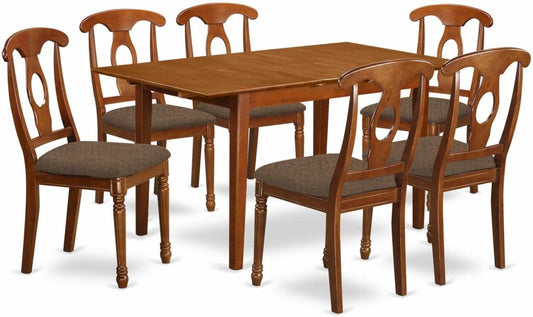 East West Furniture PSNA7-SBR-C 7 Piece Dinette Set Consist of a Rectangle Dining Room Table with Butterfly Leaf and 6 Linen Fabric Upholstered Dining Chairs, 32x60 Inch, Saddle Brown