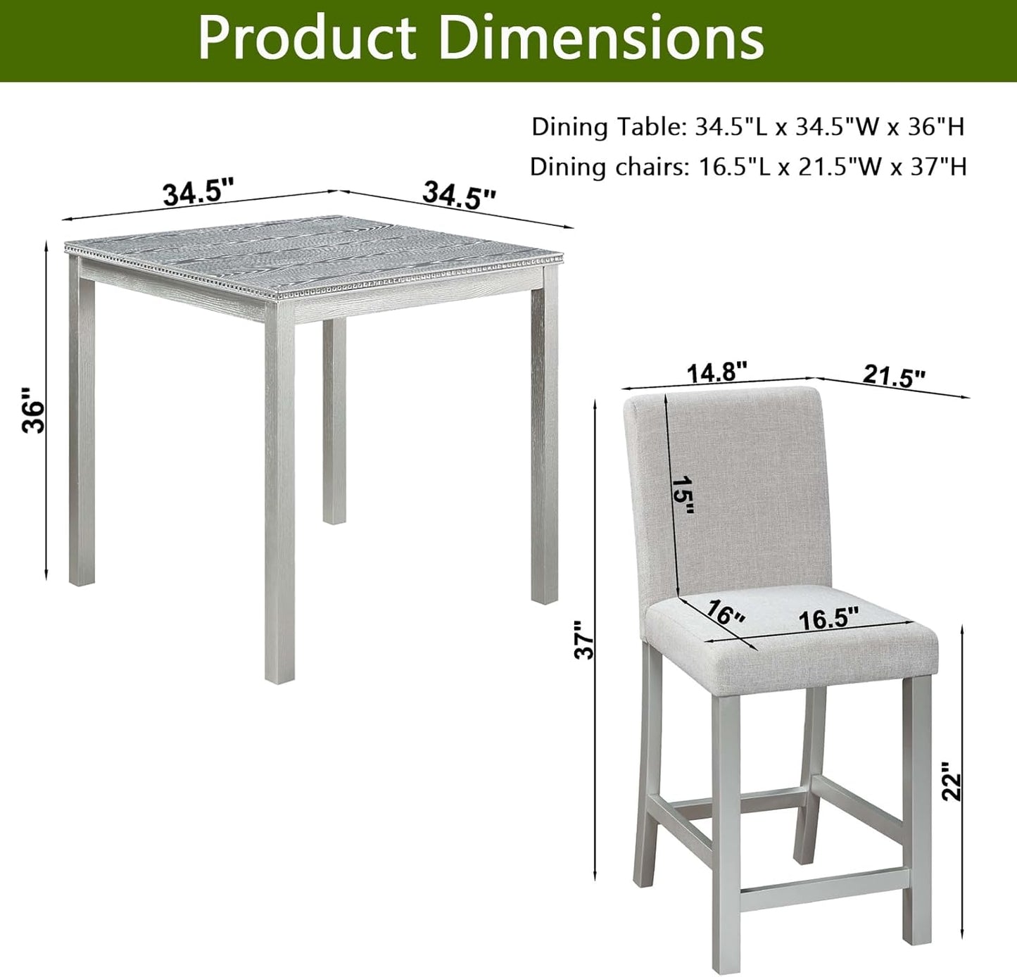KEIKI 5-Piece Counter Height Dining Table Set with Square Table and 4 Upholstered Chair, for 4 Person, Modern Crystal Decoration Wooden Table Set, Easy Assembly, for Kitchen, Dining Room, Silver Grey