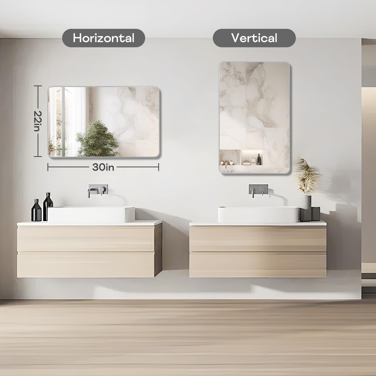 Silver Framed Bathroom Mirror, Brushed Nickel Rounded Corner Rectangle Wall Mirror, Tempered Glass, Shatter Proof, Anti-Rust, Hangs Horizontally or Vertically (22" x 30", Silver)