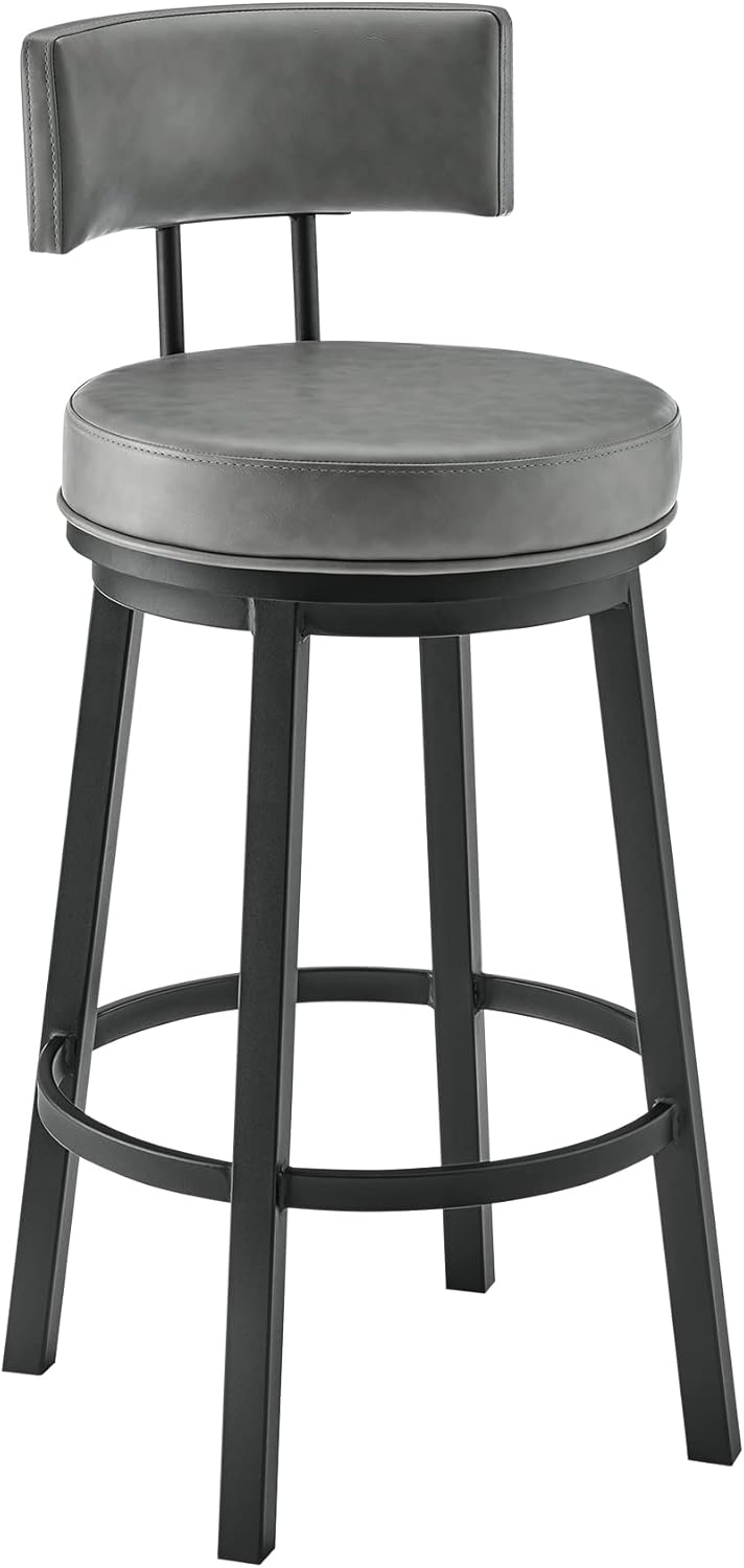 Armen Living Dalza Swivel Counter or Bar Stool in Black Finish with Grey Faux Leather
