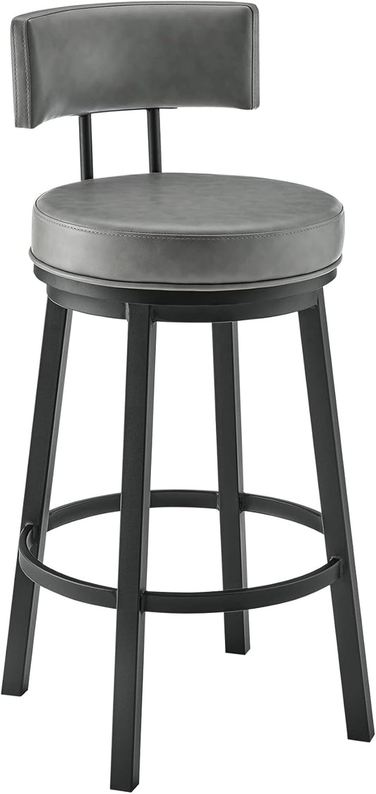 Armen Living Dalza Swivel Counter or Bar Stool in Black Finish with Grey Faux Leather