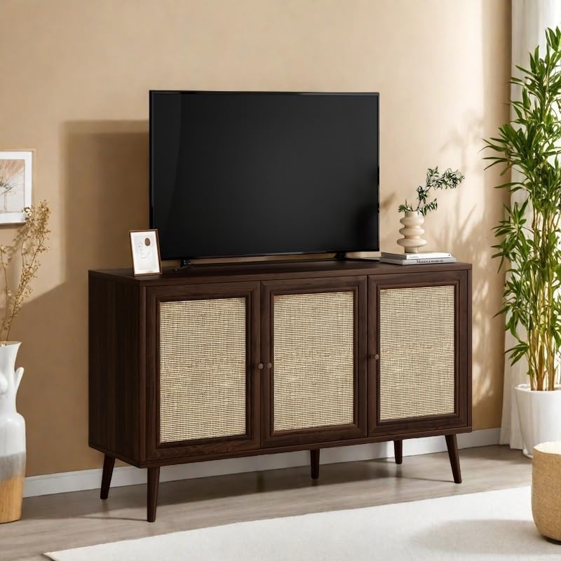 Rattan Entryway Table, Entertainment Center with Adjustable Shelf, Sideboard Buffet Cabinet with 3 Rattan Doors, Modern Console Cabinet with Large Storage for Living Room, Kitchen, Dark Brown