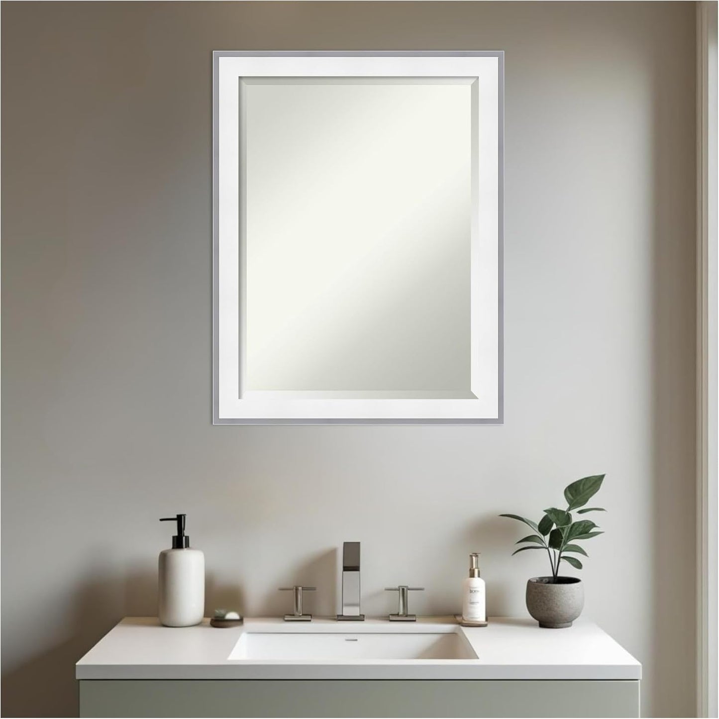 Amanti Art Bathroom Mirror for Over Sink, 27x21 Maya White Silver Rectangle Vanity Mirror, Medium Modern Contemporary Frame, Hangs Horizonally and Vertically, Bathroom Wall Decor, Beveled Edge