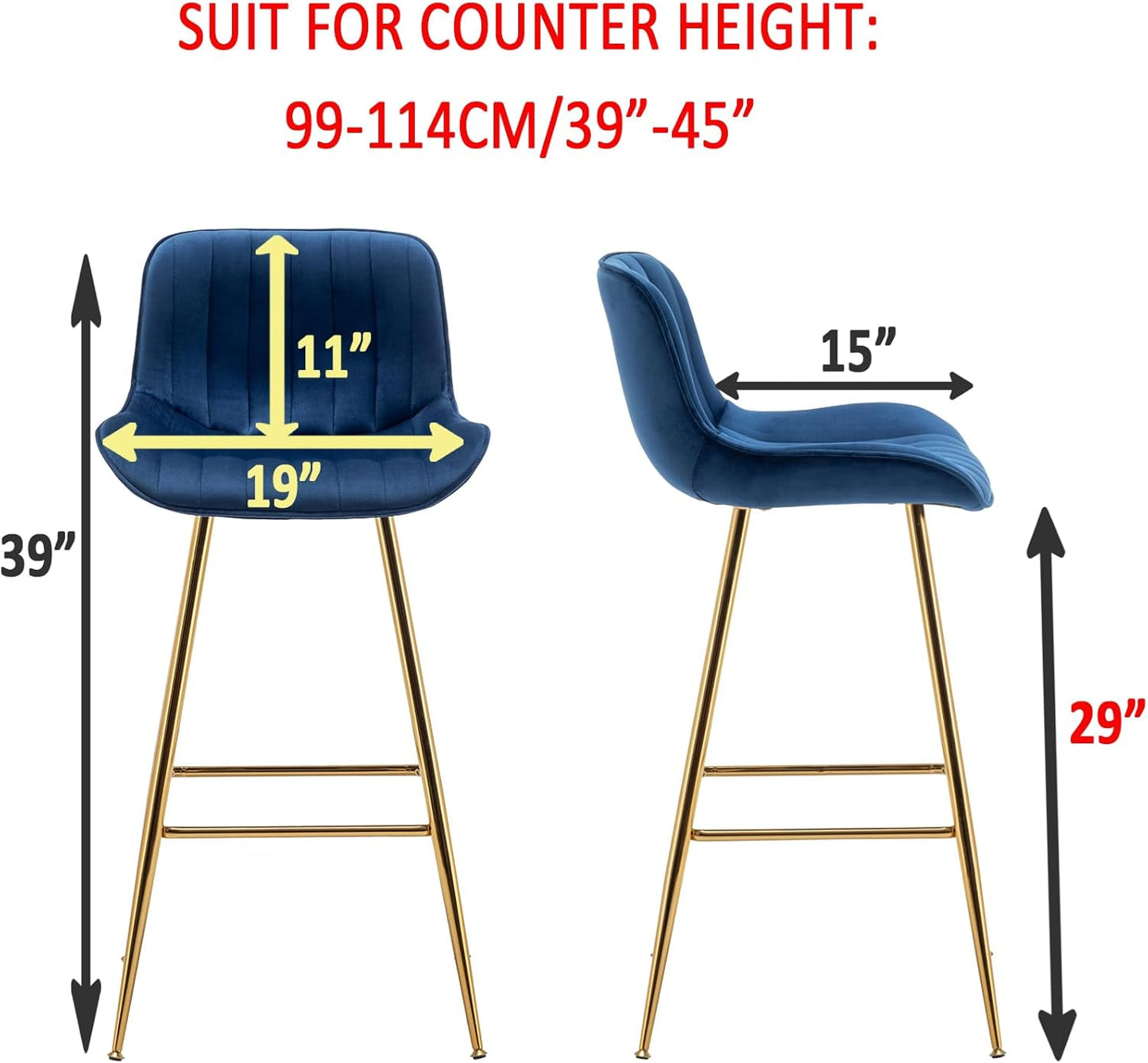 Sidanli Velvet Blue Bar Stools, 29 Inch Upholstered Island Stools with Footrests, Gold Bar Chairs for Home, Kitchen Island, Dining Room