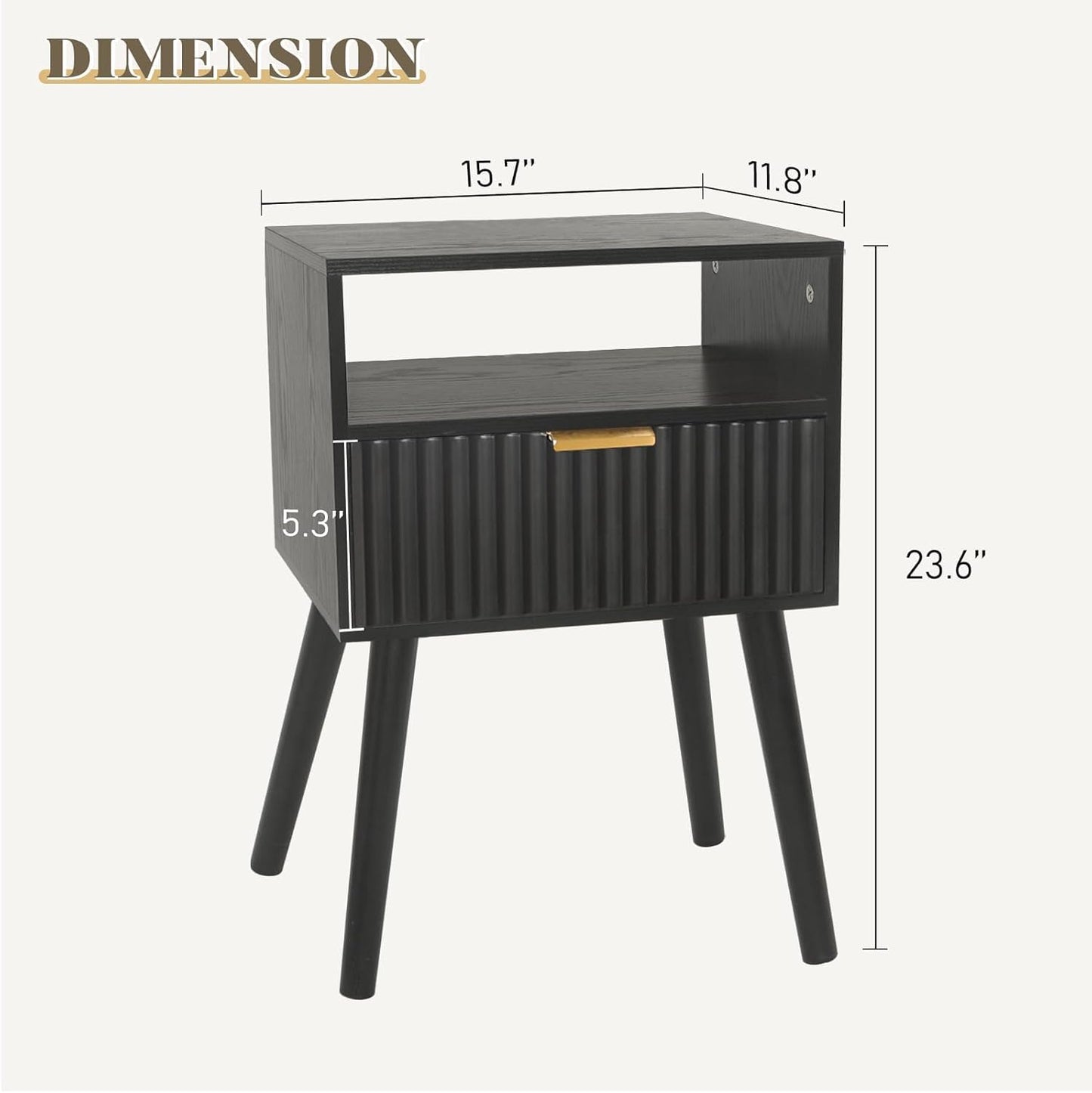 Black Nightstand, Modern Bedside Table with Fluted Drawers, Small Night Stand with Storage and Solid Wood Legs for Bedroom, Dorm and Small Space (Black)