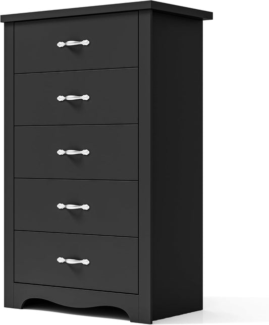 LINSY HOME 5 Drawer Dresser, Black Dresser for Bedroom, Modern Dresser Chest with Wide Drawers, Wood Storage Chest of Drawers for Nursery Kids Room Living Room