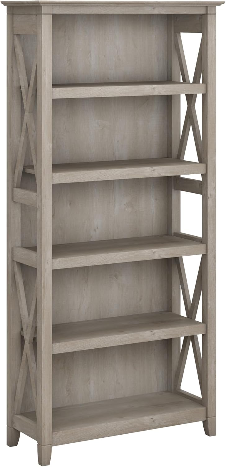 Bush Furniture Tall 5 Shelf Bookcase for Living Room or Home Office, Large Bookshelf, Modern Farmhouse Style, Key West Collection, Washed Gray