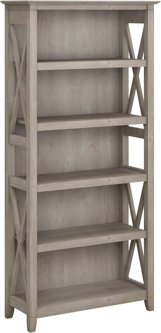 Bush Furniture Tall 5 Shelf Bookcase for Living Room or Home Office, Large Bookshelf, Modern Farmhouse Style, Key West Collection, Washed Gray