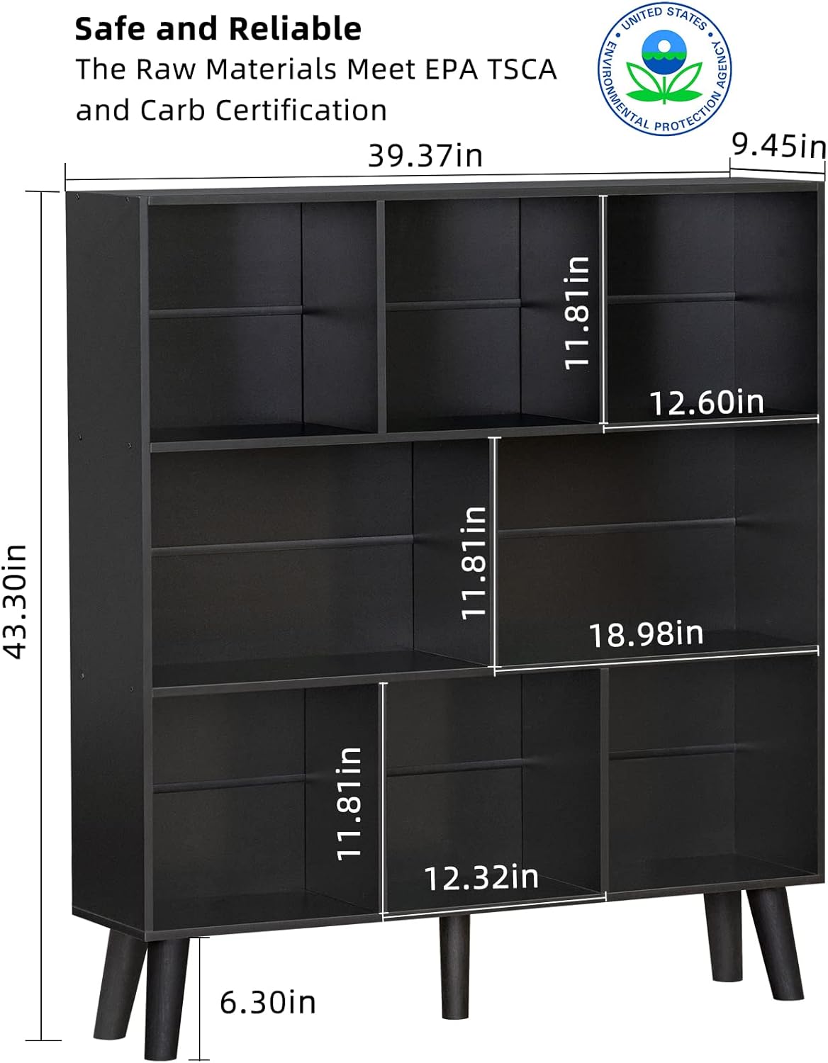 YAHARBO 8 Cube Bookshelf,3 Tier Bookcase with Legs,Black Mid-Century Modern Bookshelves,Large Free Standing Open Storage Organizer Shelf,Tall Wooden Book Case Furniture for Bedroom,Living Room,Office
