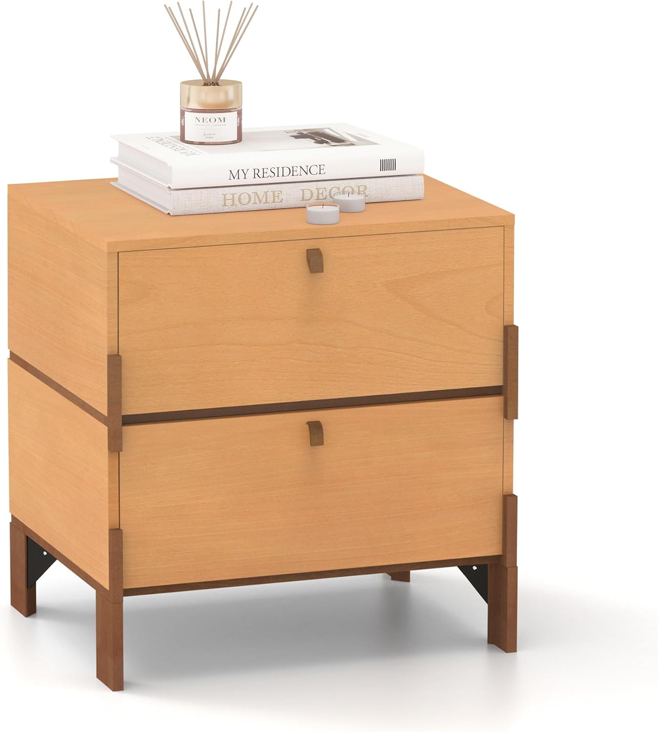 Sebastack Night Stand, Customizable 2 Drawers Bedside Table, End Table, Side Table for Bedroom, Dormitory, Mid-Century Style Wood Chest of Furnitures, Basswood Color