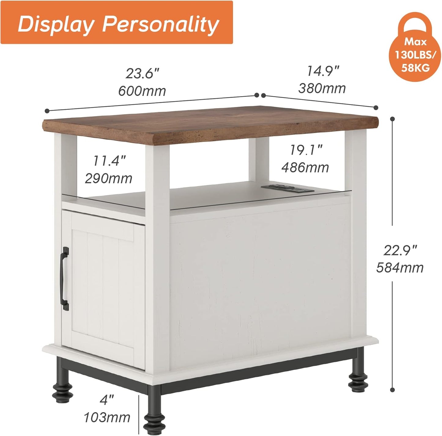 WAMPAT Narrow End Table with Charging Station, Farmhouse Side Table with Open Storage & Storage Cabinet for Living Room, Wooden Nightstand for Bedroom with Metal Legs, White/Oak