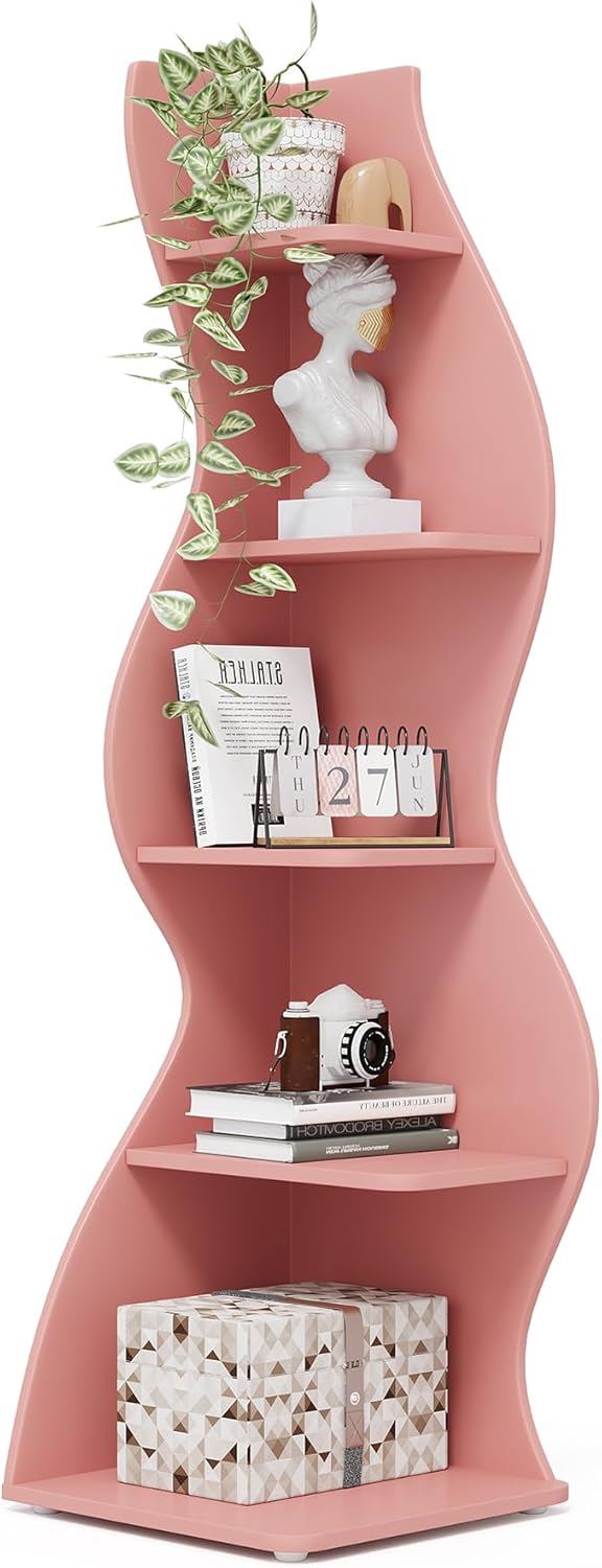 Tribesigns Corner Shelf, Modern 5-Tier Wall Corner Bookshelf, Stylish Corner Small Bookcase Storage Rack Plant Stand with Unique Shape for Living Room, Home Office (Pink, 1PC)