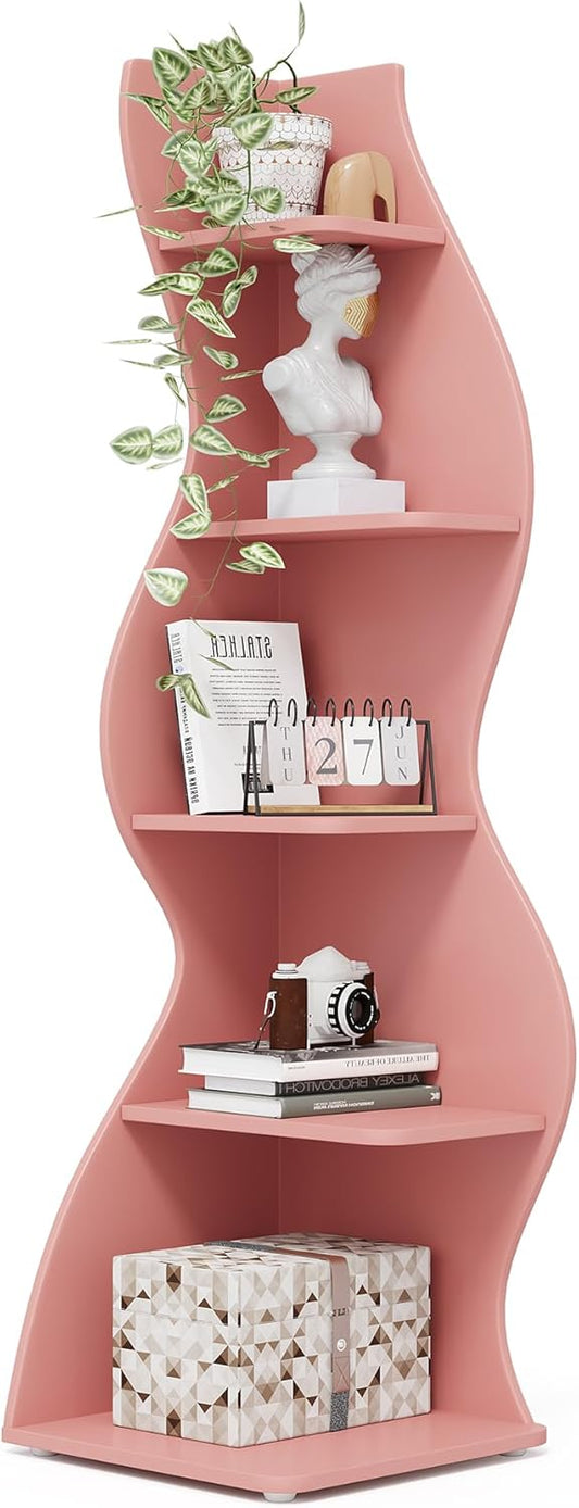 Tribesigns Corner Shelf, Modern 5-Tier Wall Corner Bookshelf, Stylish Corner Small Bookcase Storage Rack Plant Stand with Unique Shape for Living Room, Home Office (Pink, 1PC)