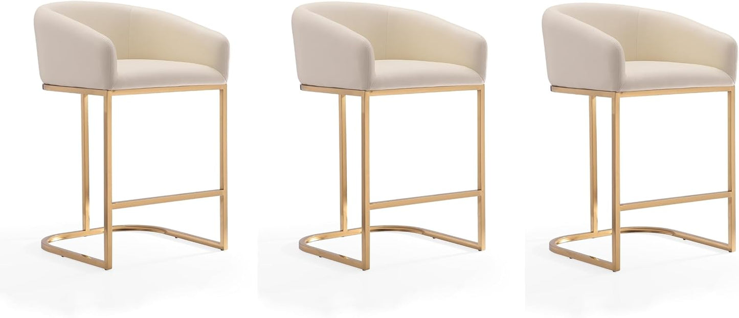 Manhattan Comfort Louvre 26 Inch Mid Century Modern Counter Height Bar Stools - Elegant Faux Leather Padded Seat, Stainless Steel Base with Footrest, Fully Assembled Barstools, Set of 3, Cream