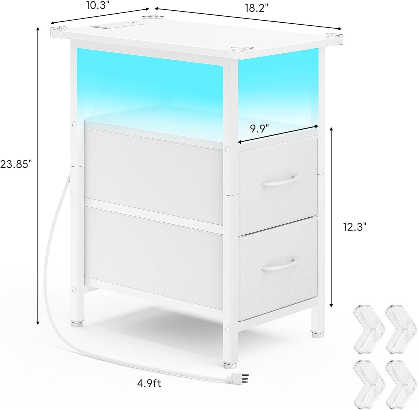 Vagusicc Set of 2 White Nightstand with Charging Station and LED Lights, Narrow Side Table, LED Night Stand with 2 Fabric Drawers, Bedside Table Small End Table, Tall Nightstand for Bedroom, White