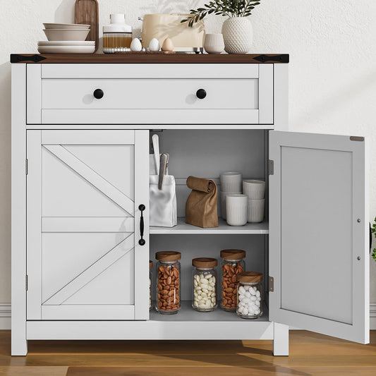 Farmhouse Storage Cabinet with 2 Doors, White Kitchen Cabinet with Walnut Countertop, Freestanding Floor Storage Cabinets Hutch Cupboard