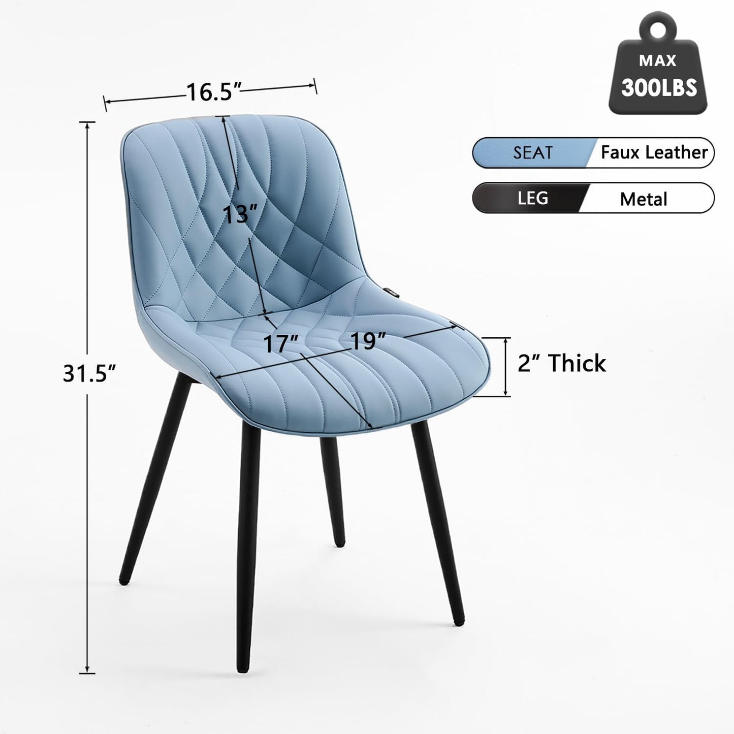 YOUNUOKE Dining Chairs Set of 2 Mid Century Modern Kitchen Chair Comfortable Upholstered Faux Leather Dinner Chairs for Kitchen Dining Room, Blue