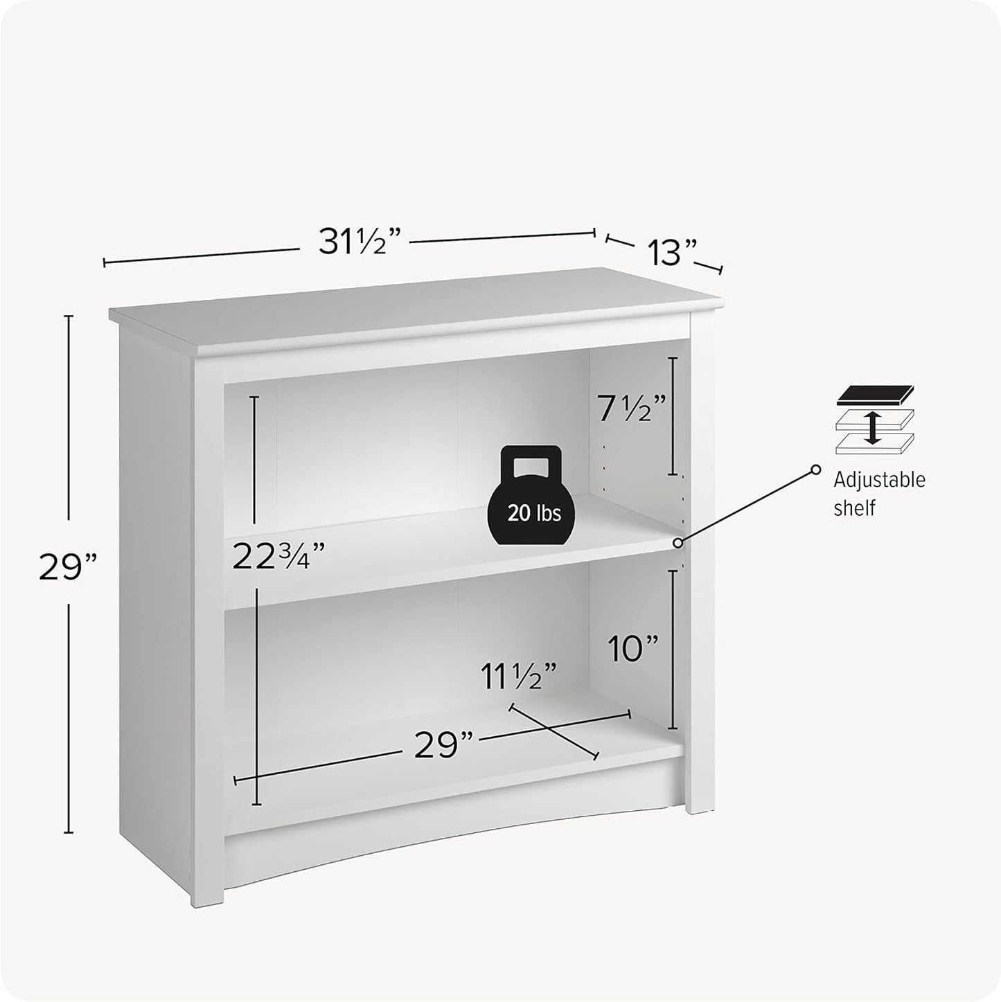 Prepac Sonoma 2-Tier Bookcase 29"H with 1 Adjustable Shelf, White Storage Cabinet, Modern Display Cabinet, Bookshelf with Storage Shelves for Home Office, Living Room, Bedroom Organizer
