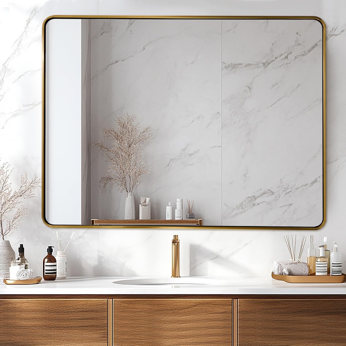 ANDY STAR 48x36 Inch Gold Bathroom Mirror, Brushed Gold Mirrors for Wall in Anti-Rust SUS304 Tube Metal Frame, Rounded Rectangle Mirrors 1’’ Deep Wall Mounted Vertically/Horizontal for Bathroom