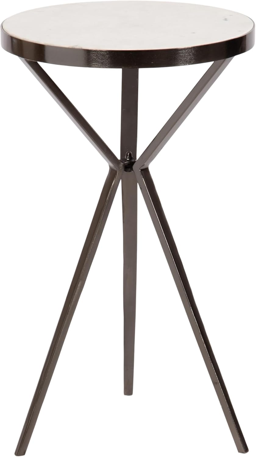 Kate and Laurel Gribben Modern Round Marble Side Table, 14 x 14 x 24, White and Gray Gunmetal, Tripod-Base Bedside Table for Display and Storage as a Bedroom Nightstand or Living Room Accent