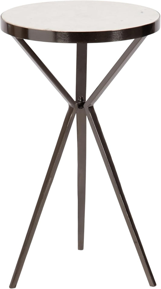 Kate and Laurel Gribben Modern Round Marble Side Table, 14 x 14 x 24, White and Gray Gunmetal, Tripod-Base Bedside Table for Display and Storage as a Bedroom Nightstand or Living Room Accent