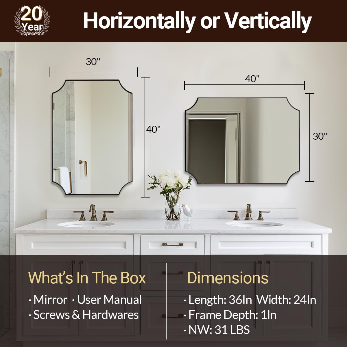 ANDY STAR 30x40 Inch Bathroom Mirror, Brushed Bronze Rectangle Scalloped Mirror, Antique Bronze Mirror with Premium Stainless Steel Metal Frame, Large Wall-Mounted Mirror (Horizontal/Vertical)