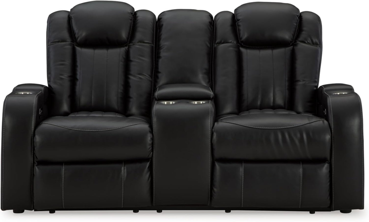 Signature Design by Ashley Caveman Den Modern Faux Leather Power Reclining Loveseat with Console, Adjustable Headrest and LED Lights, Black