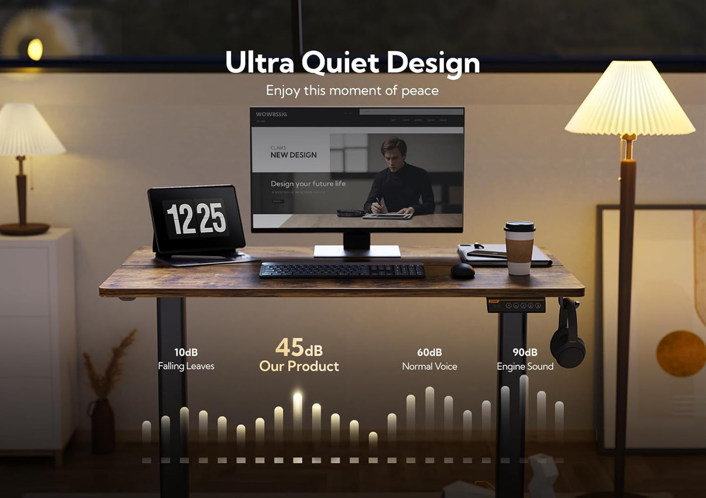 Claiks Electric Height Adjustable Stand Up Desk, 35x20 Inches Sit Stand Desk for Home Office, Rustic Brown Top/Black Frame