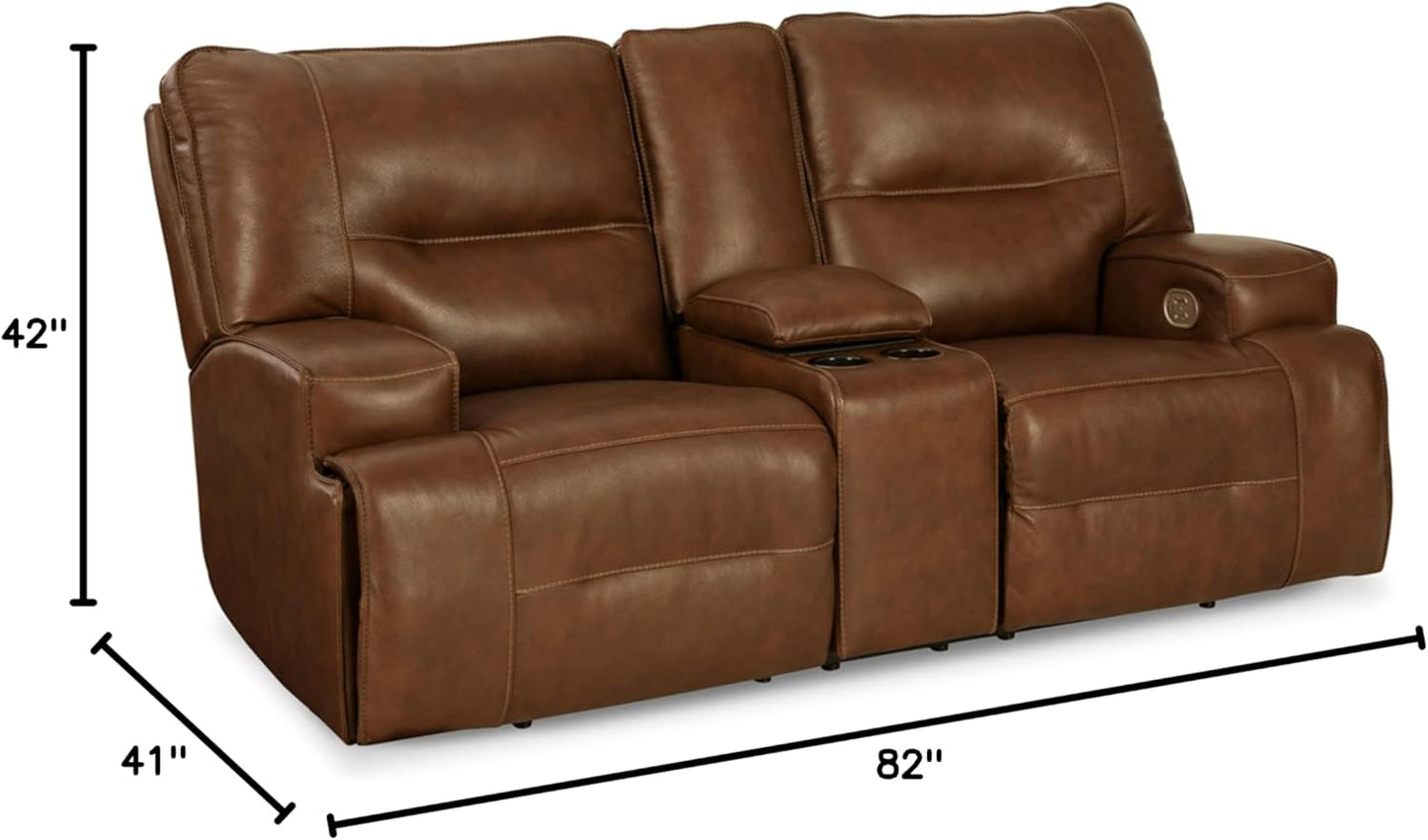 Signature Design by Ashley Francesca Modern Tufted Leather Power Reclining Loveseat with Console and Adjustable Headrest, Dark Brown