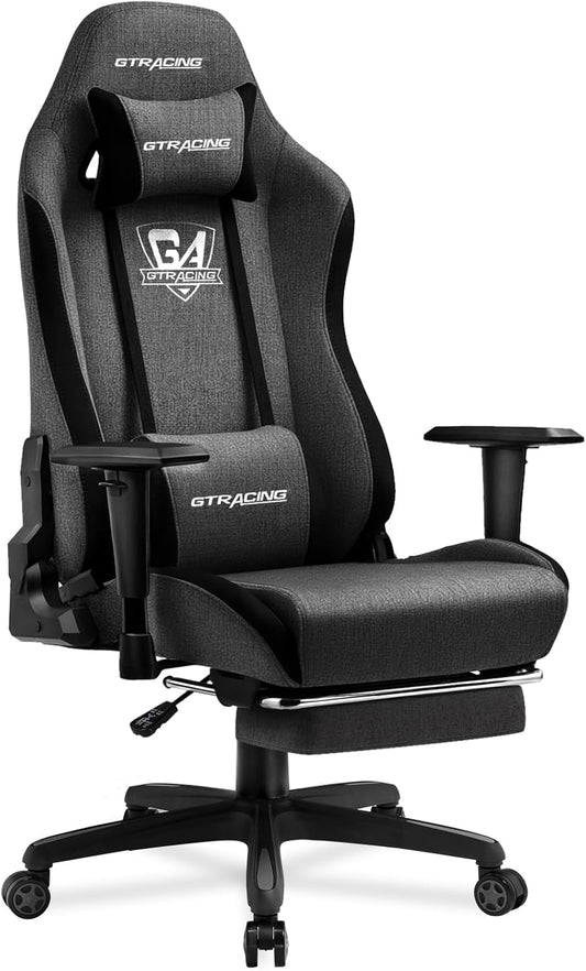 GTRACING Gaming Chair with Footrest, Fabric Breathable Big and Tall Ergonomic Computer Chair 350 lbs with Adjustable Lumbar Support and Recliner, High Back Game Chair for Office Gaming, Darkgray