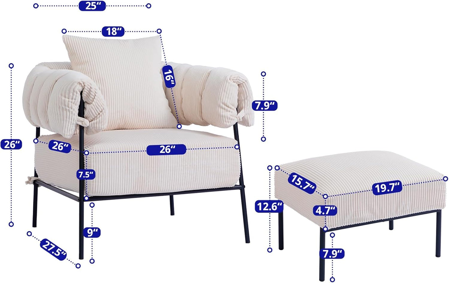 HollyHOME Modern Velvet Accent Chair with Ottoman, Upholstered Comfy Reading Chair and Footstool, Fabric Large Lazy Arm Chair and Stool, Lounge Sofa Chair for Living Room, Bedroom, Beige Chair&Stool