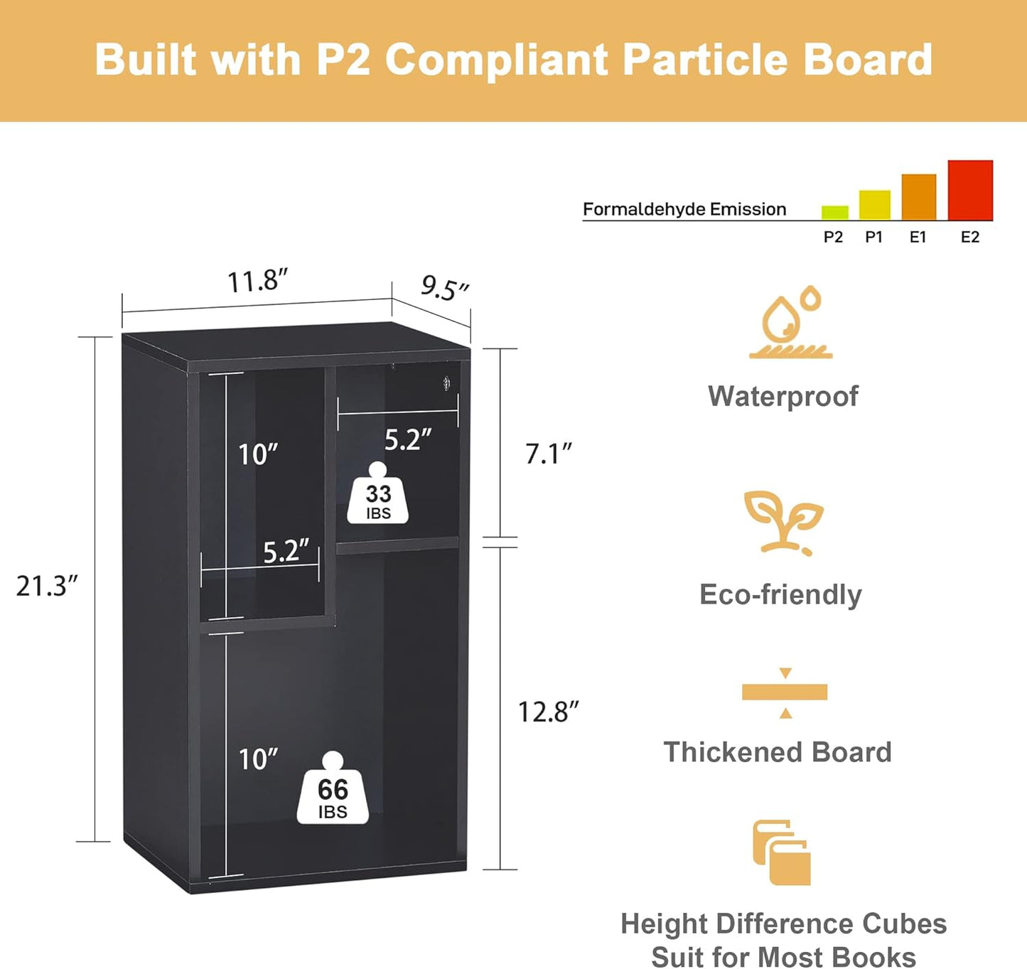 VECELO 3-Cube Open Bookcase, Small Bookshelf with Height Difference Shelves for Most Books, Horizontal Available, 2-Tier Storage Organizer for Home Office, Living Room,Vintage Black
