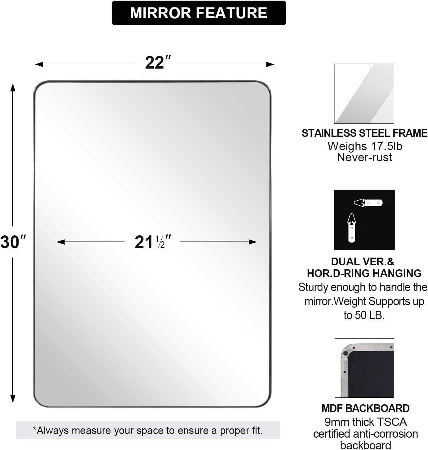 ANDY STAR Chrome Mirror for Bathroom, 22"x30" Metal Frame Wall Mirror with Rounded Corner, Modern Rectangle Bathroom Vanity Mirror（Polish Finish）