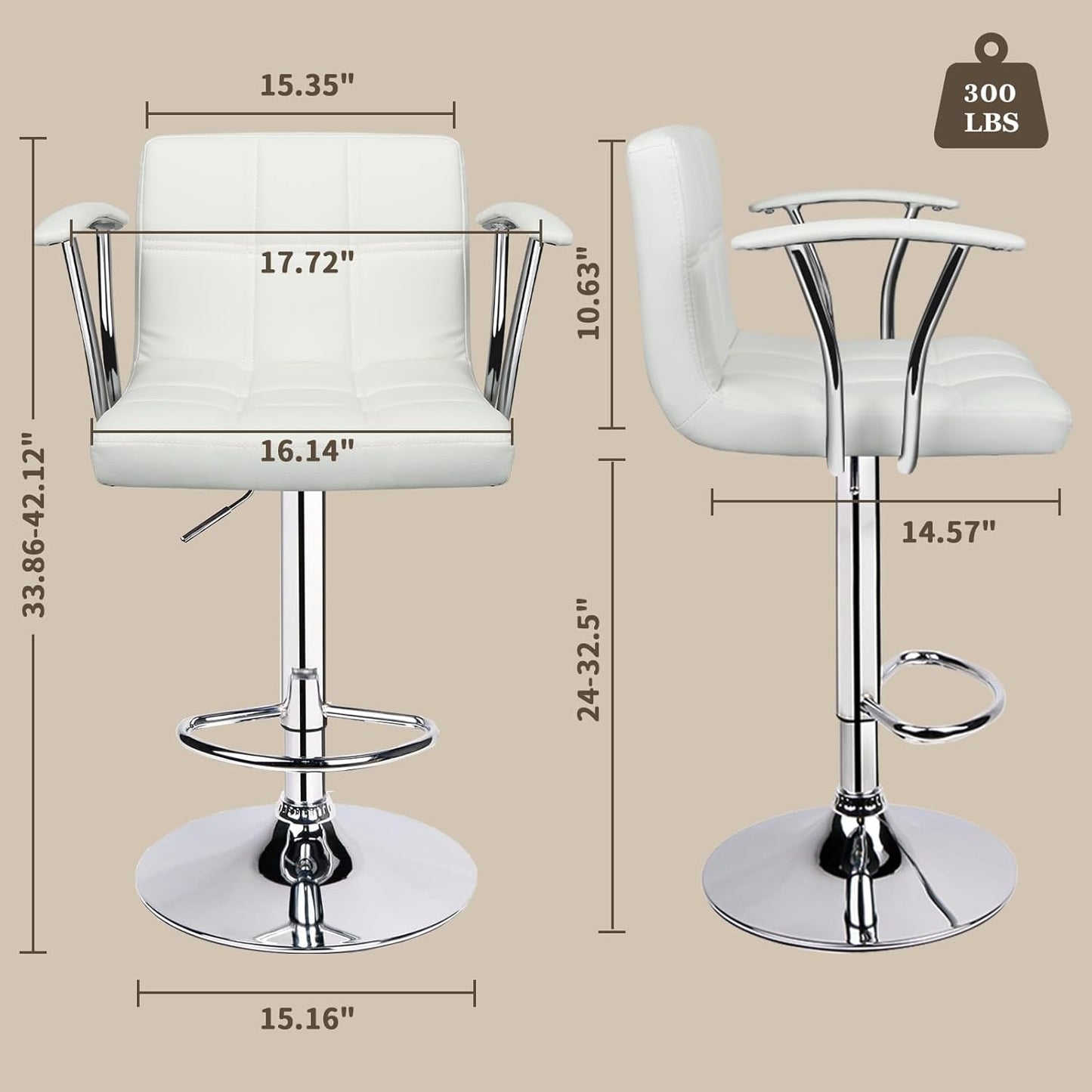 Bar Stools Set of 2,Armrest Adjustable Swivel Barstools with Back,Double Needle PU Leather Counter Height Bar Stools for Kitchen Island, White