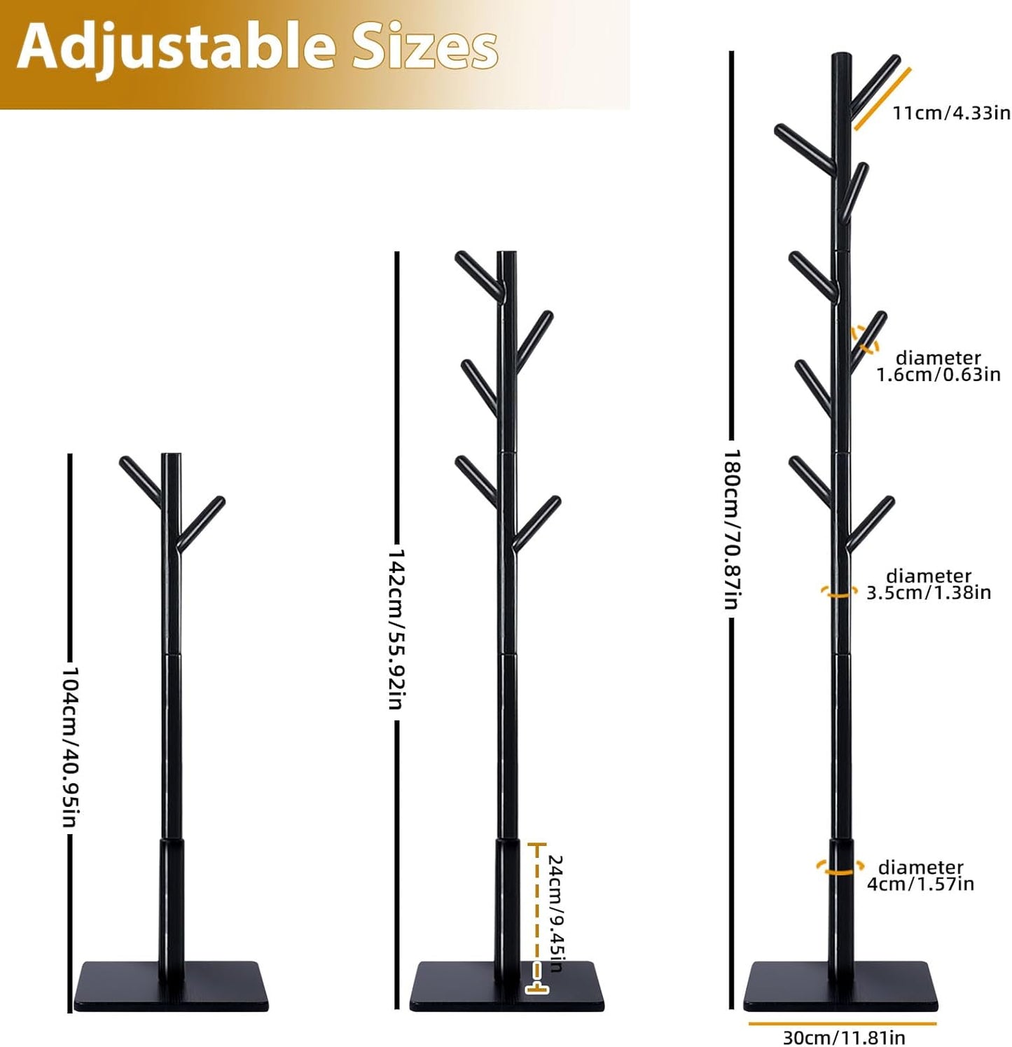 Yawinhe Coat Rack, Sturdy Woode Stand Tree with 8 Hooks, 3 Adjustable Height for Bedroom, Hallway, Entrance, Office, 11.8 x 70.8 inches, Black, 1-Pack, Square Base