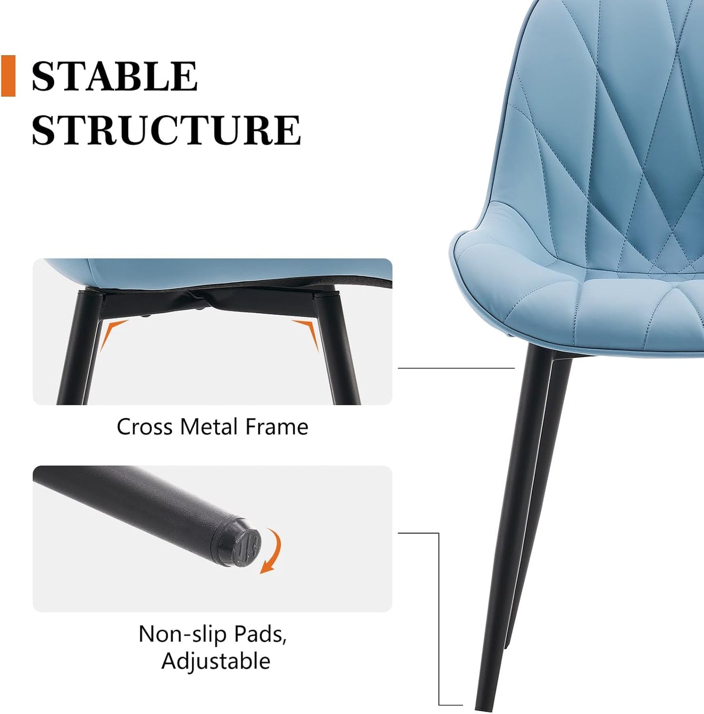 Rowill Dining Chairs Set of 2 Modern Kitchen Chairs with Soft Backrest, Sturdy Metal Legs & Non-Slip Pads, Suitable for Home Kitchen, Faux Leather Upholstered Seats for Dining Room, Blue