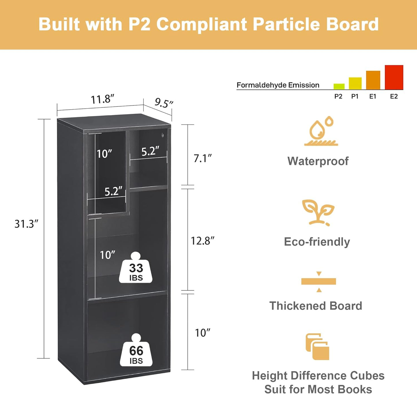 VECELO 3-Tier Small Bookcase, 4 Cube Bookshelf with Height Difference Shelves for Most Books, Modern Floor Standing Unit, Each Shelf Hold Up to 66 LBS for Living Room Bedroom, Vintage Black