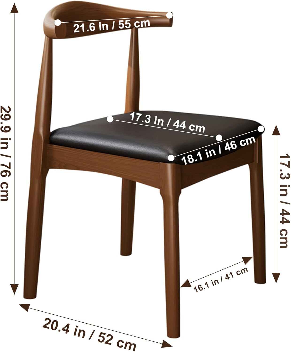 Solid Wood Dining Chair with Walnut Finish Set of 2 Mid Century Modern Upholstered PU Leather Dining Chairs with Curved Backrest for Dining Room, Kitchen, Study Room, Walnut Color