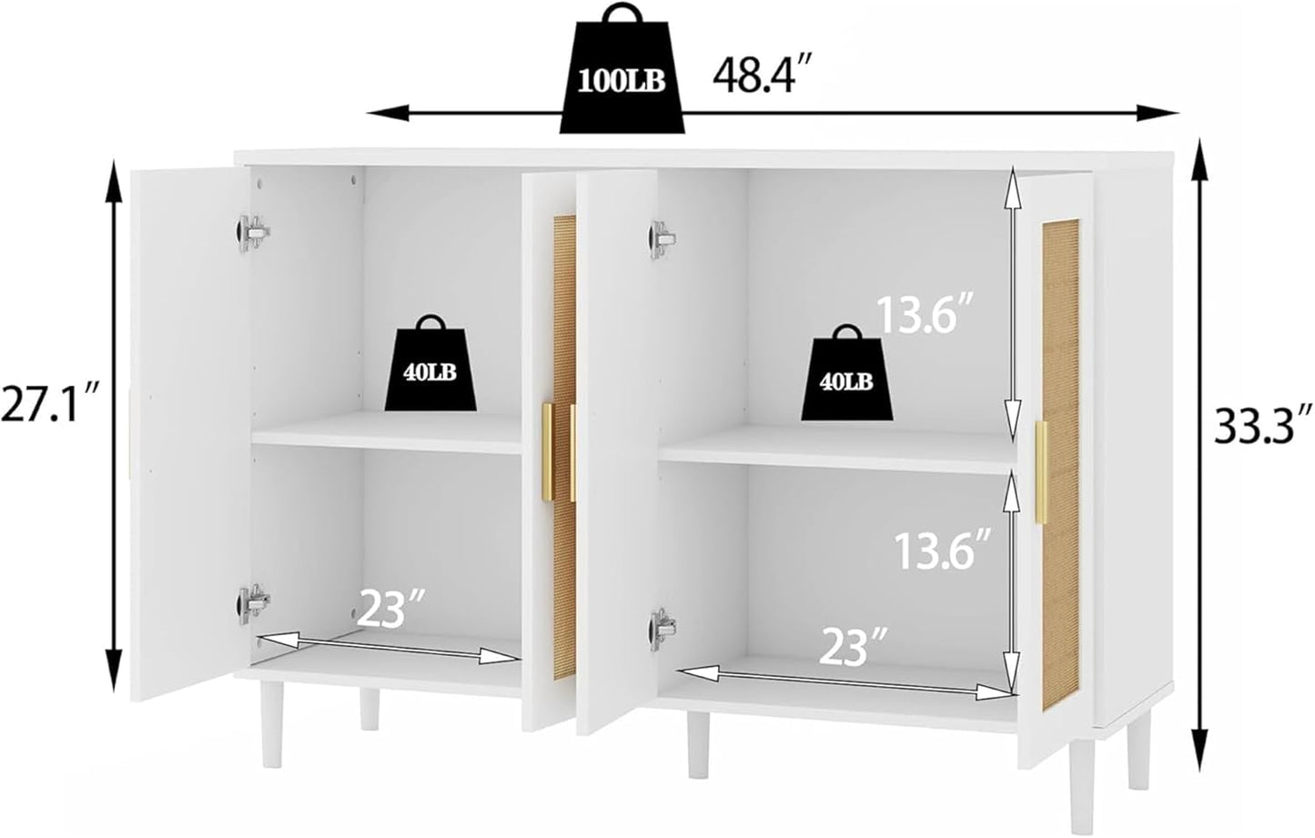 Sideboard - Buffet Cabinet with Storage, Rattan Storage Cabinet with 4 Doors and Adjustable Shelves, Accent Sideboard with Solid Wood Leg for Living Room (White)