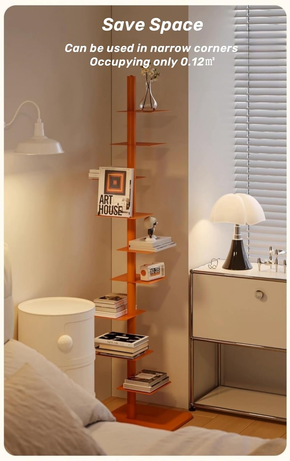 9-Tier Spine Bookshelf Metal Bookcase 5 Colors Vertical Bookshelf Tower Rotating Tall Narrow Bookshelf Ladder Book Rack Indoor (Yellow)
