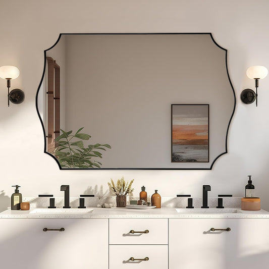 ANDY STAR Matte Black Mirror, 24x36 Inch Scalloped Bathroom Mirror, Unique Wavy Rectangle Mirror in Stainless Steel Metal 1” Frame, Wall Mount Vertical or Horizontal
