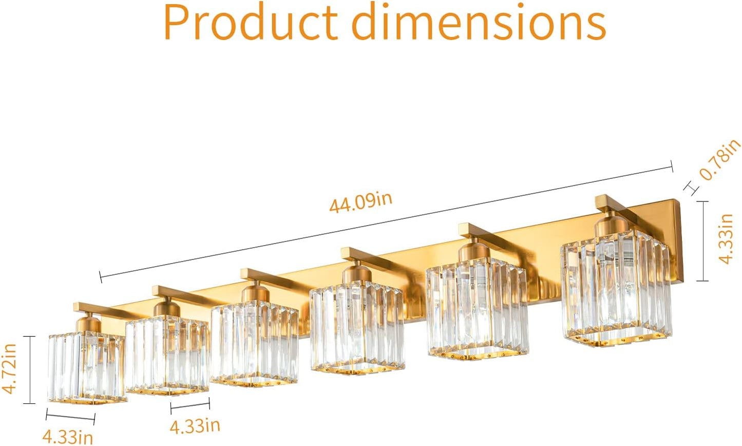 Modern 6-Light Gold Brushed Brass Finish Crystal Wall Light for Bathroom Vanity