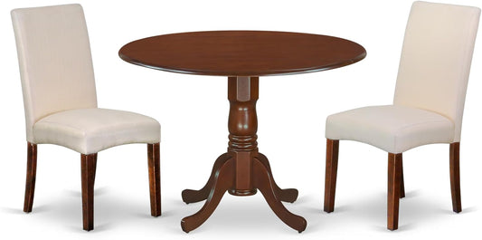 East West Furniture DLDR3-MAH-01 3 Piece Kitchen Table & Chairs Set Contains a Round Dining Room Table with Dropleaf and 2 Cream Linen Fabric Parson Dining Chairs, 42x42 Inch, Mahogany