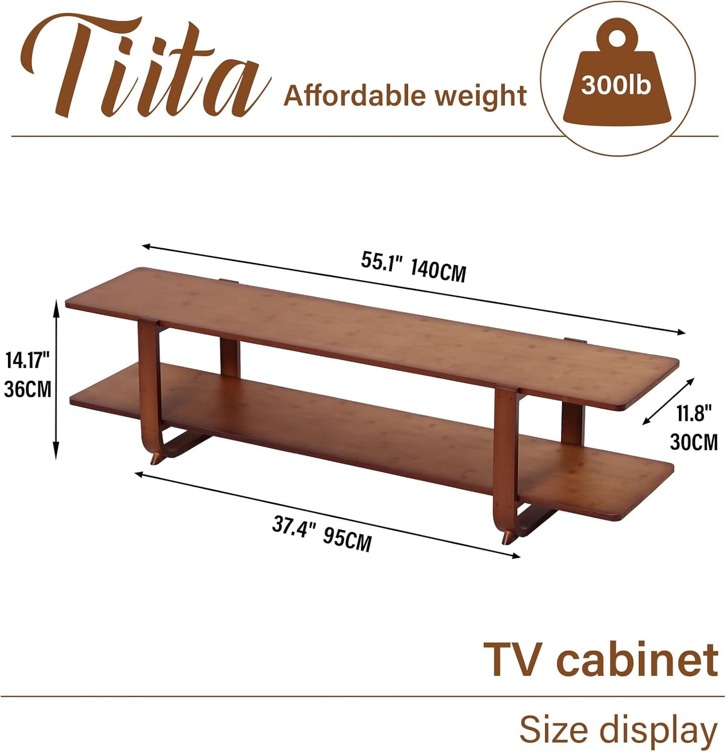 Tiita TV Stand with Storage for TVs up to 65'', Bamboo TV Console Entertainment Center with 2 Open Shelf, Mid Century Modern Media Console for Living Room, Bedroom, Walnut