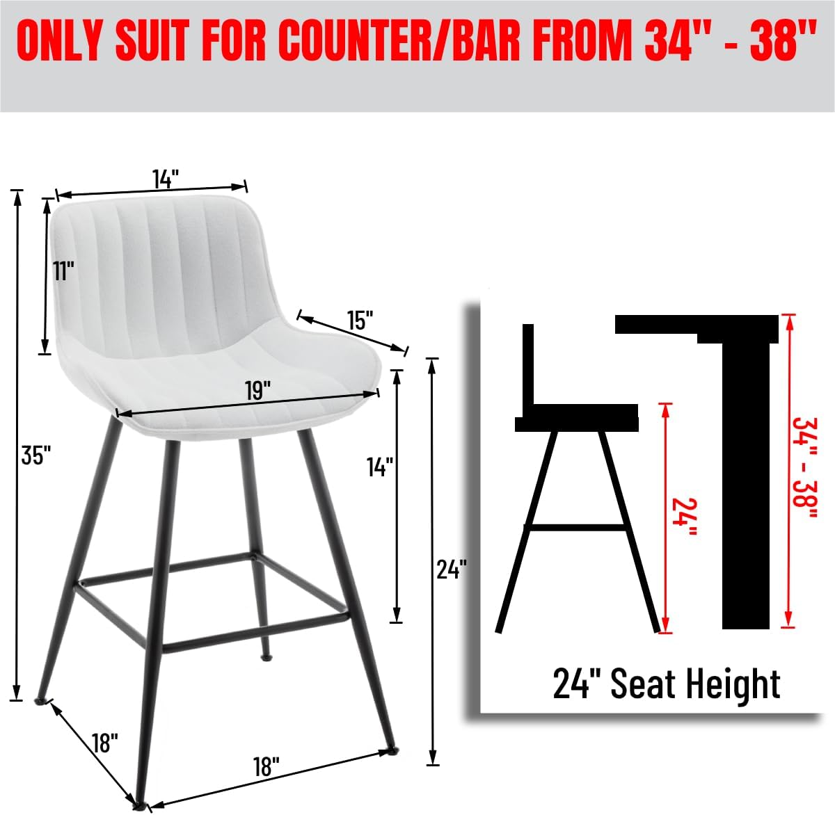24’’ Bar Stools Set of 2 Modern Barstools White Bar Stools with Fabric Upholstery Counter Height Bar Stools with Low Back Stools for Kitchen Counter, Bar, Pub, Cafe (White).